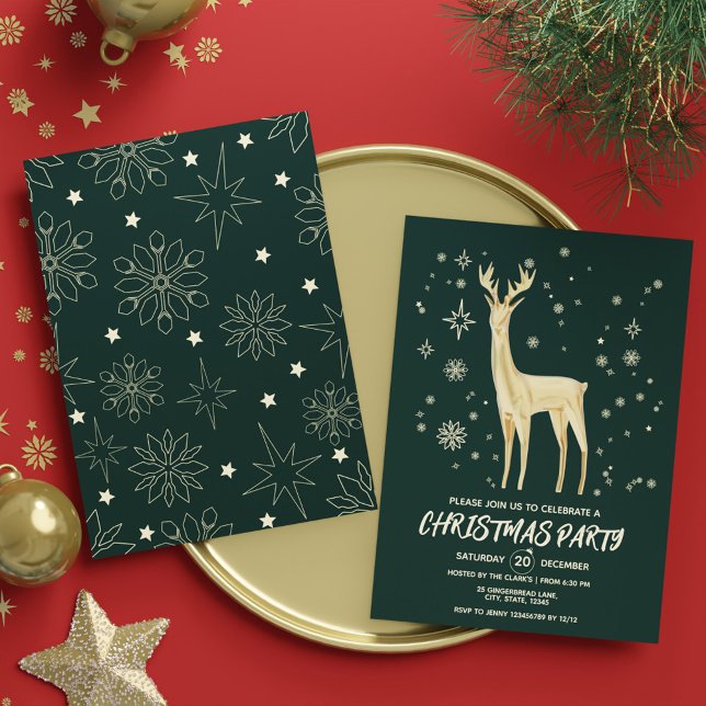 Modern Dark Green and Gold Elegant Deer Xmas Party Invitation (Modern Dark Green and Gold Elegant Deer Xmas Party Invitation)