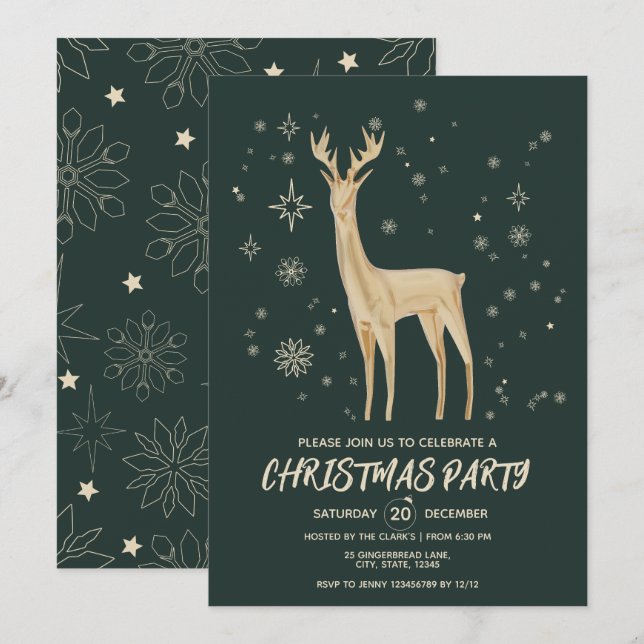 Modern Dark Green and Gold Elegant Deer Xmas Party Invitation (Front/Back)