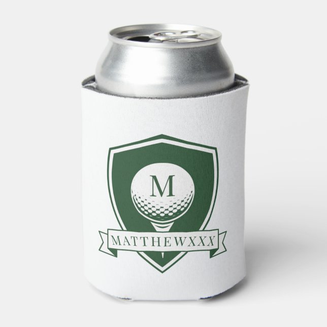 Modern Dark Green and White Name Initial Monogram Can Cooler (Can Front)
