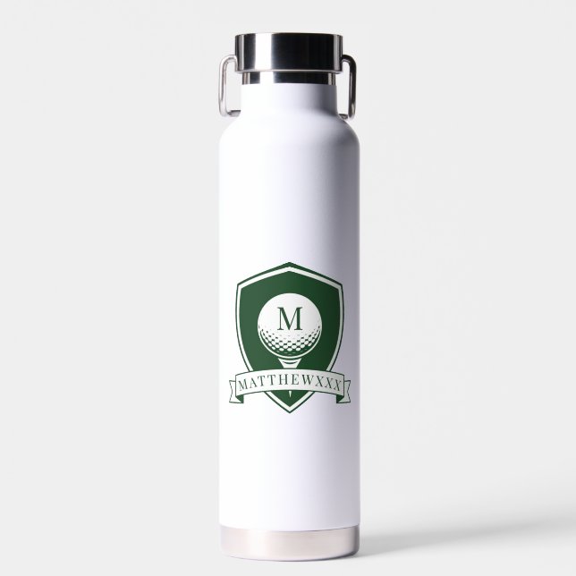 Modern Dark Green and White Name Initial Monogram Water Bottle (Front)