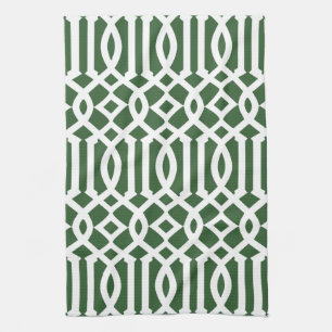 Modern Dark Green and White Trellis Pattern Tea Towel