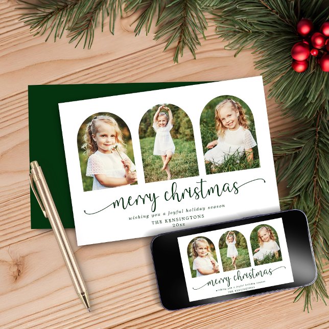 Modern Dark Green Arch 3 Photo Christmas Holiday Card (Modern Dark Green Arch 3 Photo Christmas Holiday Card)