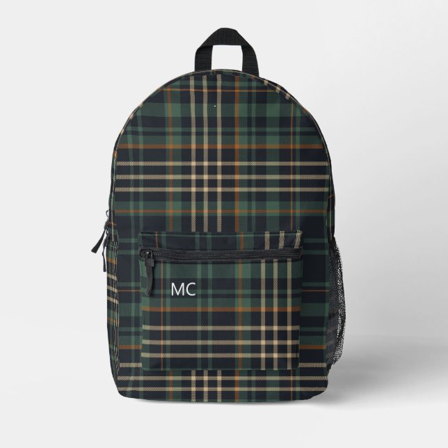 Modern Dark Green Check Plaid Monogram Initials Printed Backpack (Front)