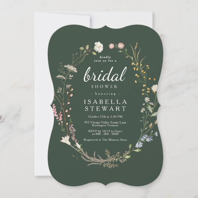 Modern Dark Green Elegant Wildflower Bridal Shower Invitation (Front)