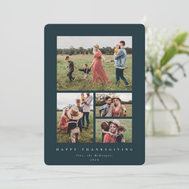 Modern Dark Green Frame 4 Photo Happy Thanksgiving Holiday Card (Standing Front)