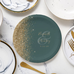 Modern Dark Green Gold Glitter Edge Wedding Paper Plate