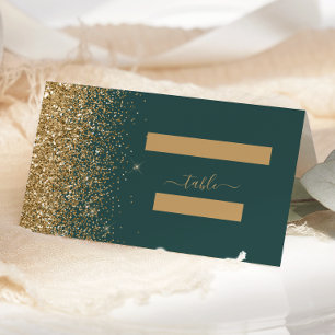 Modern Dark Green Gold Glitter Edge Wedding Place Card