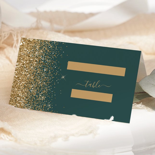 Modern Dark Green Gold Glitter Edge Wedding Place Card (Creator Uploaded)