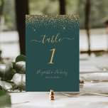 Modern Dark Green Gold Glitter Edge Wedding Table Number<br><div class="desc">The top edge of this elegant modern wedding table number features a gold faux glitter design. The customisable text combines gold-coloured handwriting,  copperplate and italic fonts on a dark green background.</div>