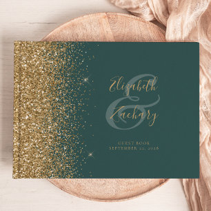 Modern Dark Green Gold Glitter Script Guest Book