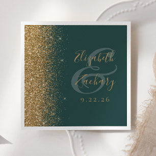 Modern Dark Green Gold Glitter Wedding Napkin