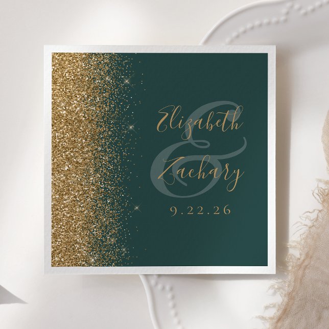 Modern Dark Green Gold Glitter Wedding Napkin (Creator Uploaded)