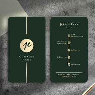 Modern Dark Green Gold Luxe Handwriting Monogram Business Card