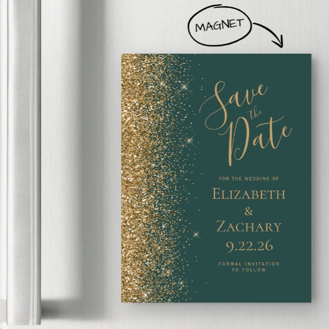 Modern Dark Green Gold Save the Date Magnetic Card (Creator Uploaded)