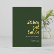 Modern Dark Green Gold Text Wedding Invitation