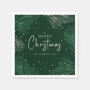 Modern Dark Green Pine Branches Merry Christmas Napkin