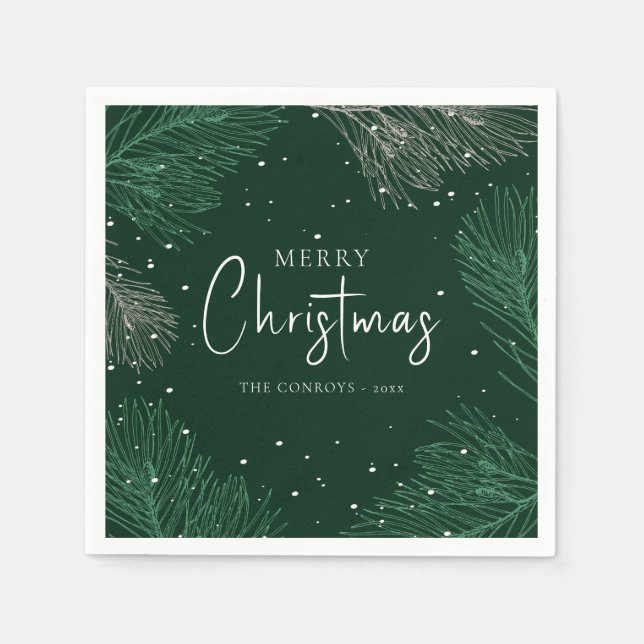 Modern Dark Green Pine Branches Merry Christmas  Napkin (Front)