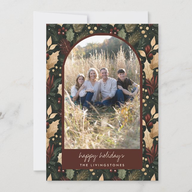 Modern Dark Green & Red Holly Arch Photo Holiday Card (Front)