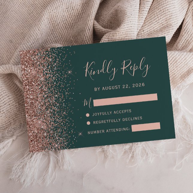 Modern Dark Green Rose Gold Faux Glitter Edge RSVP Card (Creator Uploaded)