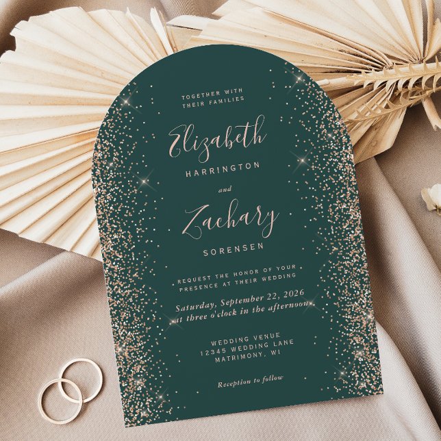 Modern Dark Green Rose Gold Glitter Arch Wedding Invitation (Creator Uploaded)