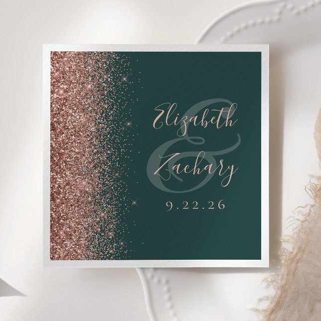 Modern Dark Green Rose Gold Glitter Edge Wedding Napkin (Creator Uploaded)