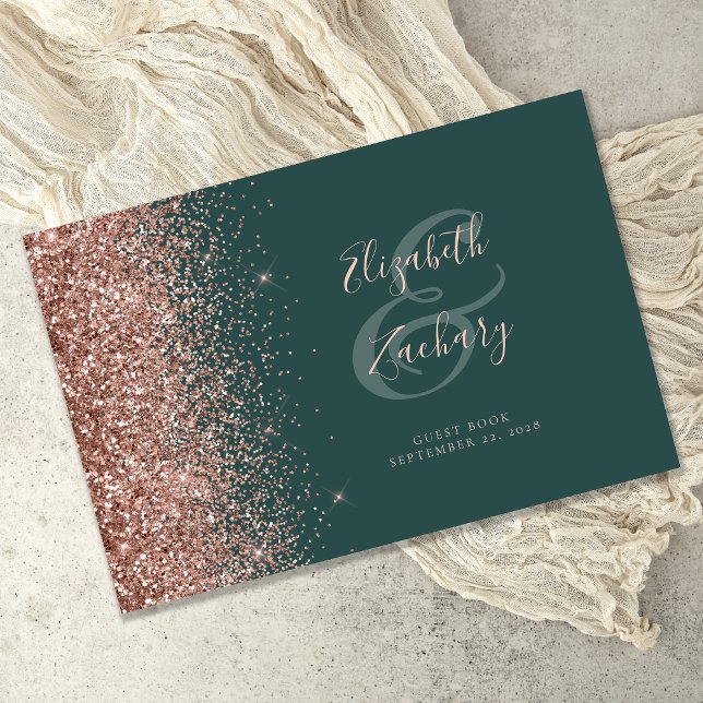 Modern Dark Green Rose Gold Glitter Script Guest Book (Creator Uploaded)