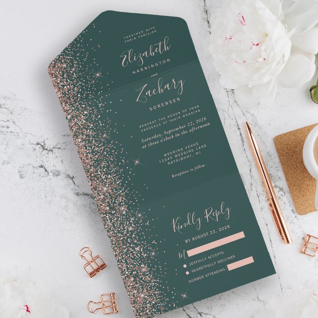 Modern Dark Green Rose Gold Glitter Wedding All In One Invitation (Creator Uploaded)