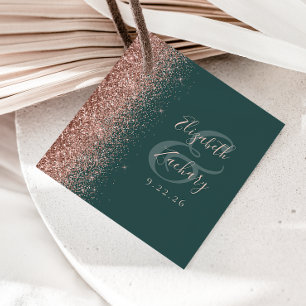 Modern Dark Green Rose Gold Glitter Wedding Favour Tags