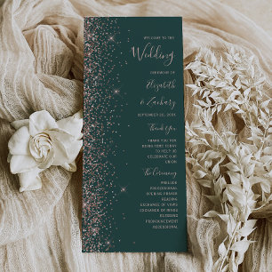 Modern Dark Green Rose Gold Glitter Wedding Programme