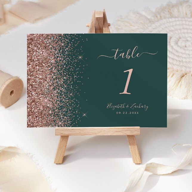 Modern Dark Green Rose Gold Glitter Wedding Table Number (Creator Uploaded)