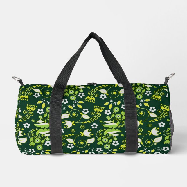 Modern Dark Green Scandinavian Floral Pattern Duffle Bag (Front)