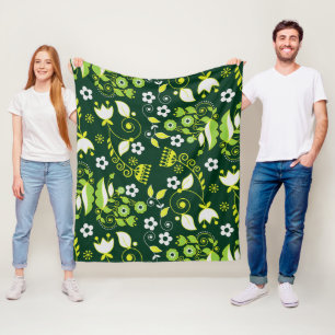 Modern Dark Green Scandinavian Floral Pattern Fleece Blanket