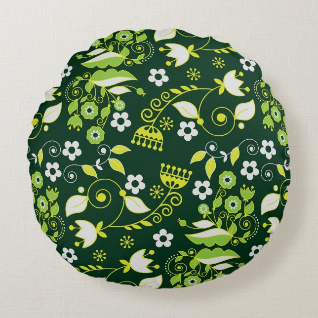 Modern Dark Green Scandinavian Floral Pattern Round Cushion (Front)