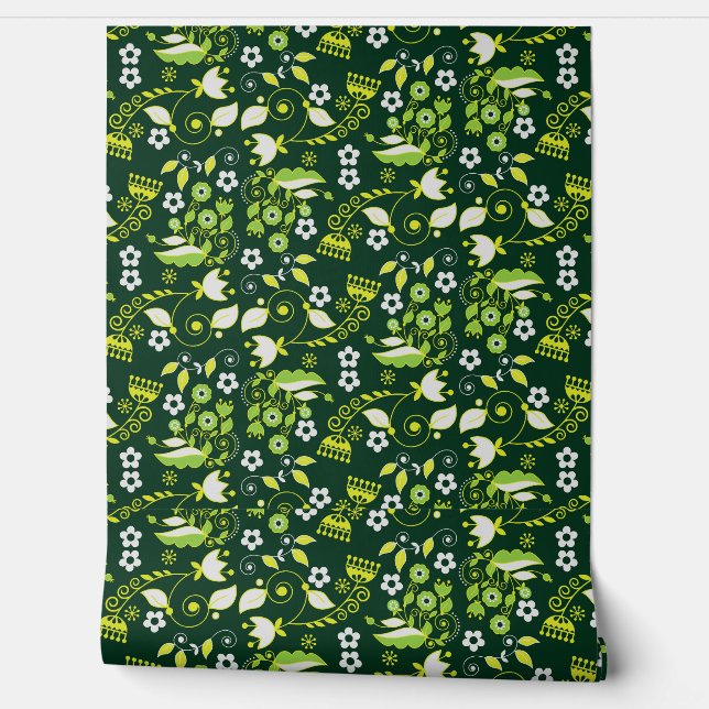 Modern Dark Green Scandinavian Floral Pattern Wallpaper (Unrolling)