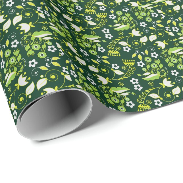 Modern Dark Green Scandinavian Floral Pattern Wrapping Paper (Roll Corner)
