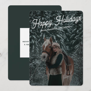 Modern Dark Green Script Equestrian Horse Photo Holiday Card