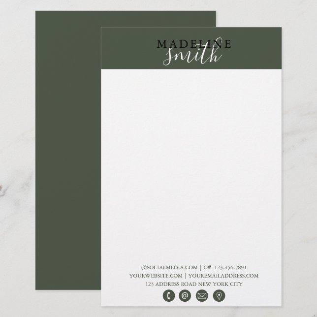 Modern Dark Green Script Stationery (Front/Back)