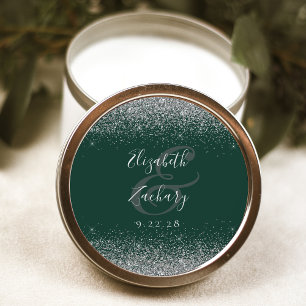 Modern Dark Green Silver Glitter Edge Wedding Classic Round Sticker