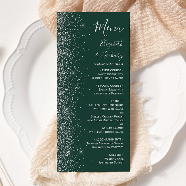 Modern Dark Green Silver Glitter Edge Wedding Menu (Creator Uploaded)
