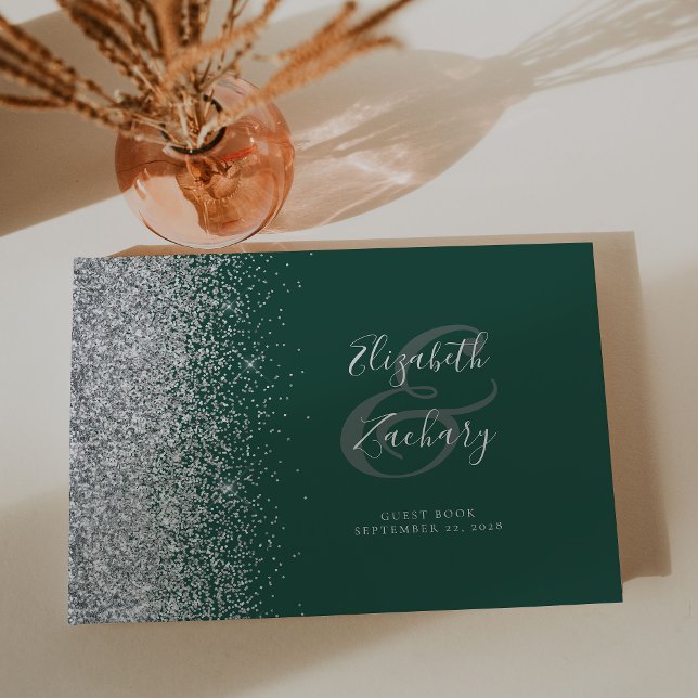 Modern Dark Green Silver Glitter Script Guest Book (Creator Uploaded)