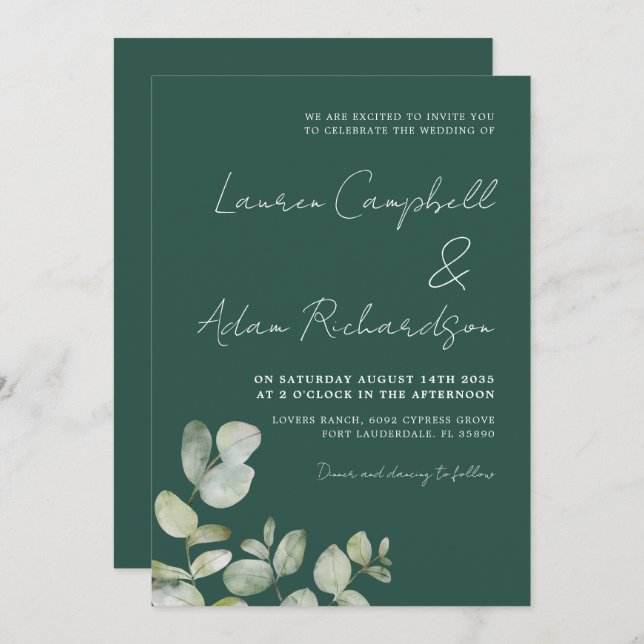 Modern Dark green Watercolor Eucalyptus Wedding Invitation (Front/Back)