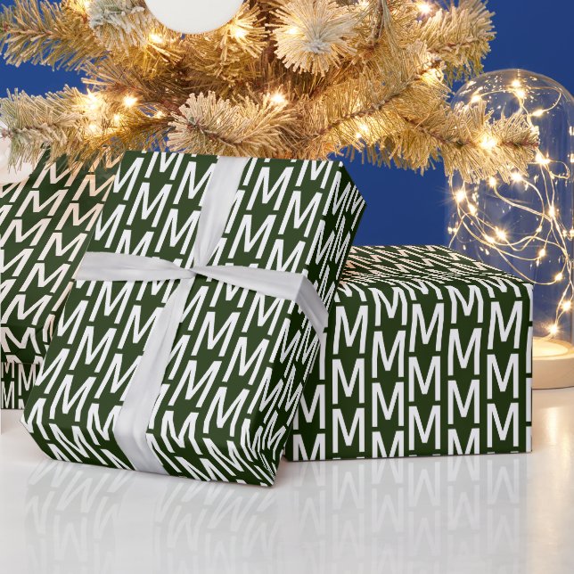 Modern dark green white custom monogram initial wrapping paper (Holidays)