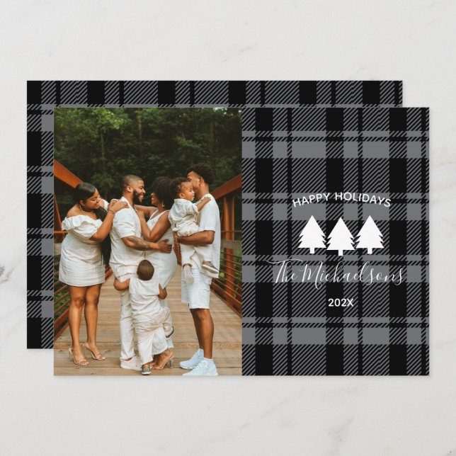 Modern Dark Grey and Black Plaid Photo  Holiday Card (Front/Back)