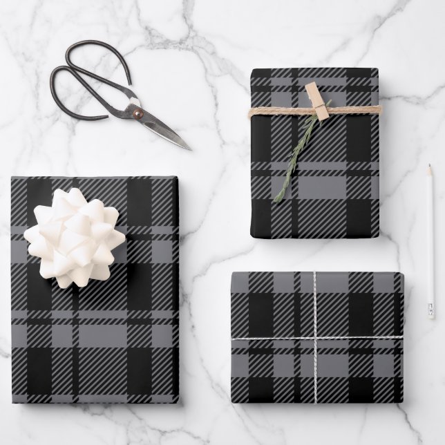 Modern Dark Grey and Black Tartan Plaid  Wrapping Paper Sheet (Front)