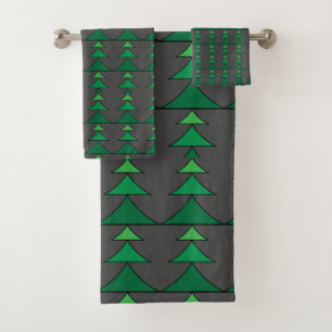 Modern Dark Grey and Green Christmas Tree Pattern Bath Towel Set