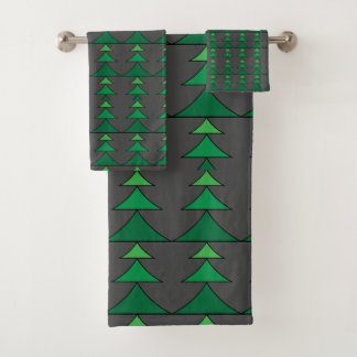 Modern Dark Grey and Green Christmas Tree Pattern Bath Towel Set