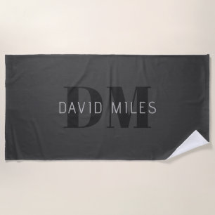 Modern Dark Grey & Black Editable Name & Monogram Beach Towel