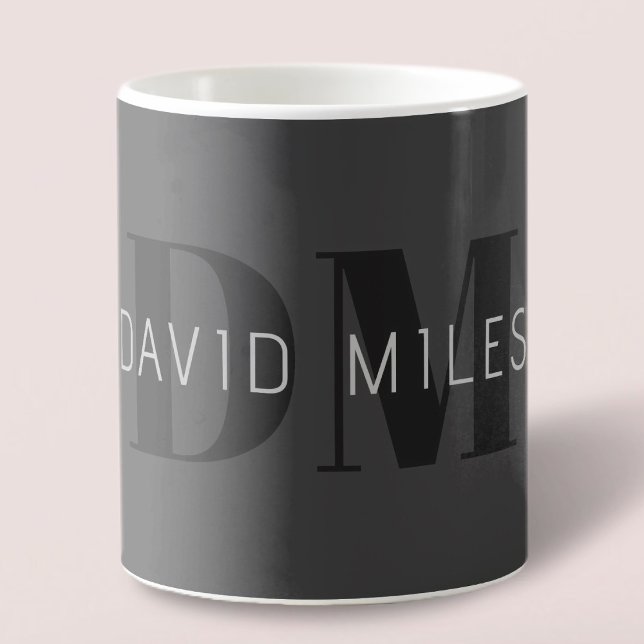 Modern Dark Grey & Black Editable Name & Monogram Coffee Mug (Creator Uploaded)