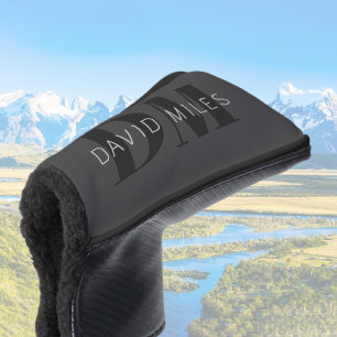 Modern Dark Grey & Black Editable Name & Monogram Golf Head Cover