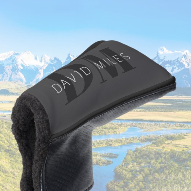 Modern Dark Grey & Black Editable Name & Monogram Golf Head Cover (Creator Uploaded)